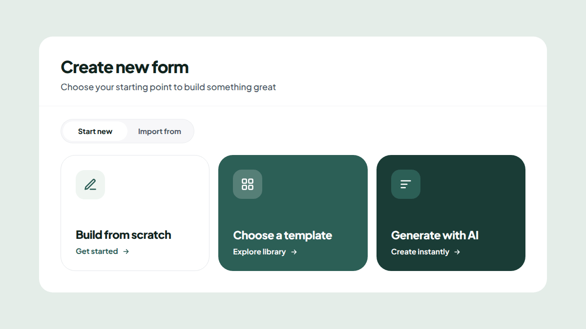 The Reuily Create new form window. Under Start new there are three choices, Build from scratch, Choose a template and Generate with AI.