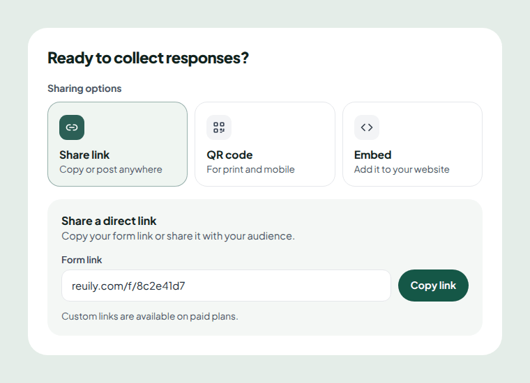 The Reuily share window with three options, Share link, QR code and Embed, and a form link with a Copy link button
